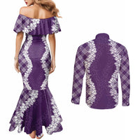 Hawaii Aloha Plumeria Lei Violet Palaka Couples Matching Mermaid Dress and Long Sleeve Button Shirt - Polynesian Pride
