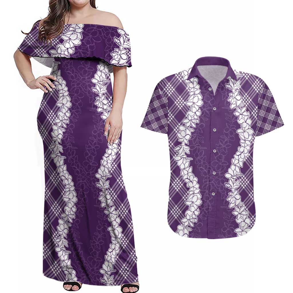 Hawaii Aloha Plumeria Lei Violet Palaka Couples Matching Off Shoulder Maxi Dress and Hawaiian Shirt - Polynesian Pride
