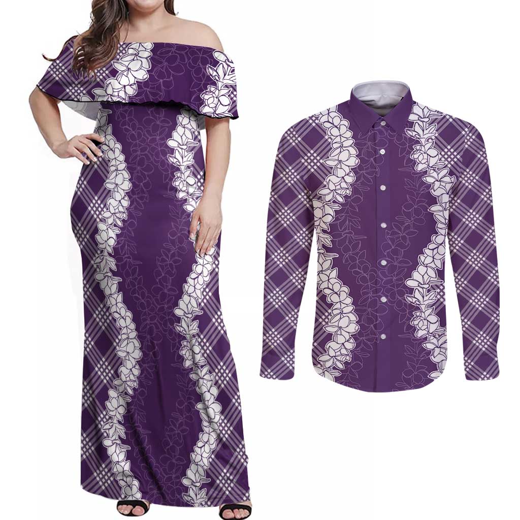 Hawaii Aloha Plumeria Lei Violet Palaka Couples Matching Off Shoulder Maxi Dress and Long Sleeve Button Shirt - Polynesian Pride