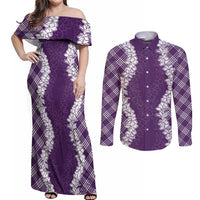 Hawaii Aloha Plumeria Lei Violet Palaka Couples Matching Off Shoulder Maxi Dress and Long Sleeve Button Shirt - Polynesian Pride
