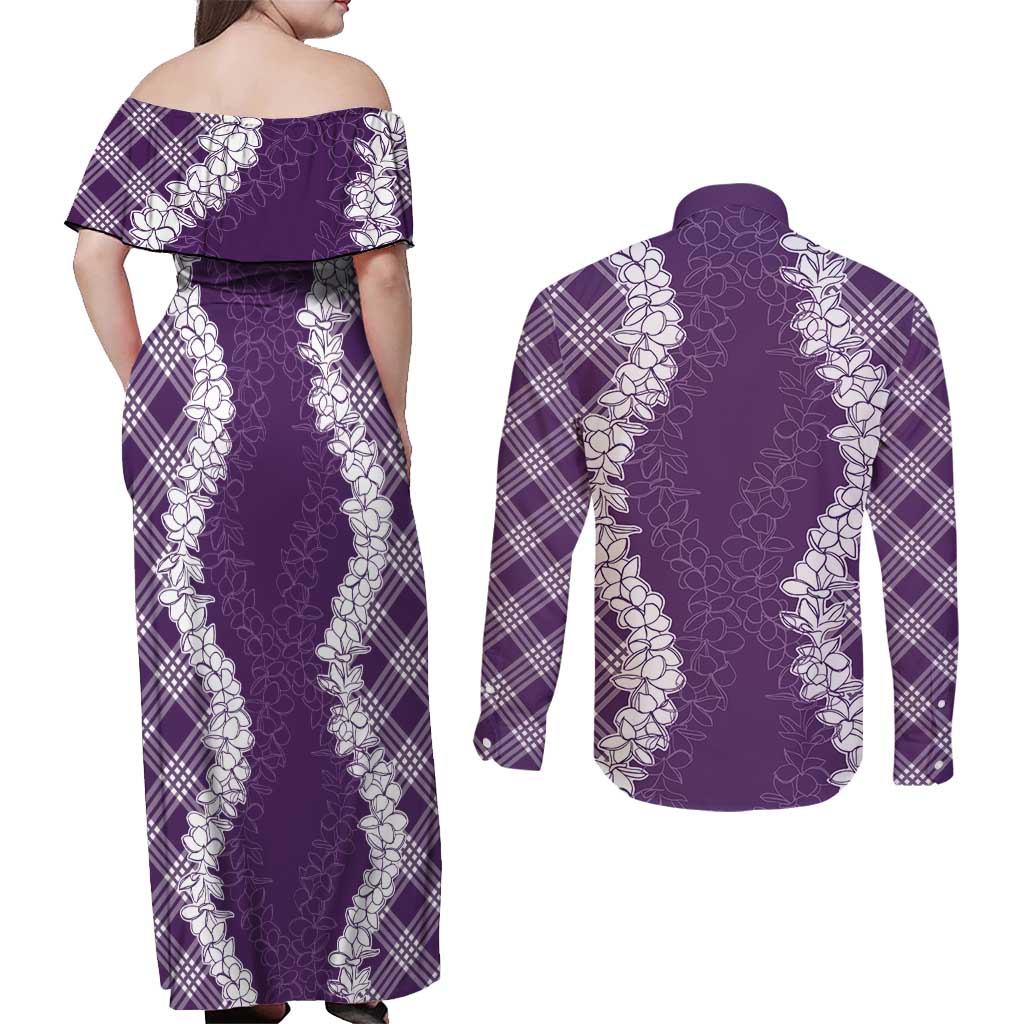 Hawaii Aloha Plumeria Lei Violet Palaka Couples Matching Off Shoulder Maxi Dress and Long Sleeve Button Shirt - Polynesian Pride