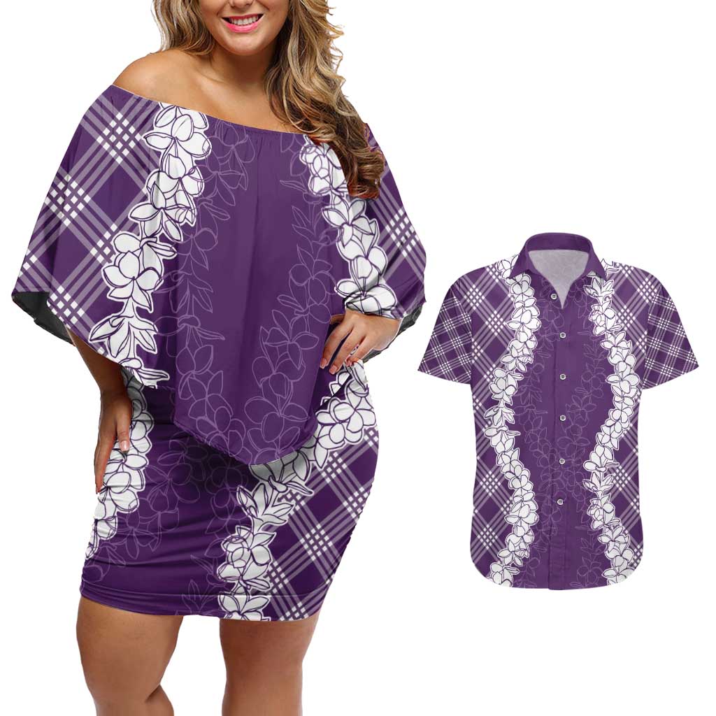 Hawaii Aloha Plumeria Lei Violet Palaka Couples Matching Off Shoulder Short Dress and Hawaiian Shirt - Polynesian Pride