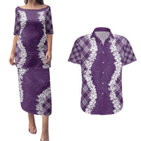 Hawaii Aloha Plumeria Lei Violet Palaka Couples Matching Puletasi and Hawaiian Shirt - Polynesian Pride