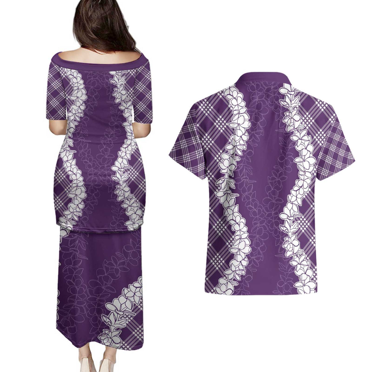 Hawaii Aloha Plumeria Lei Violet Palaka Couples Matching Puletasi and Hawaiian Shirt - Polynesian Pride