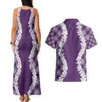Hawaii Aloha Plumeria Lei Violet Palaka Couples Matching Tank Maxi Dress and Hawaiian Shirt - Polynesian Pride