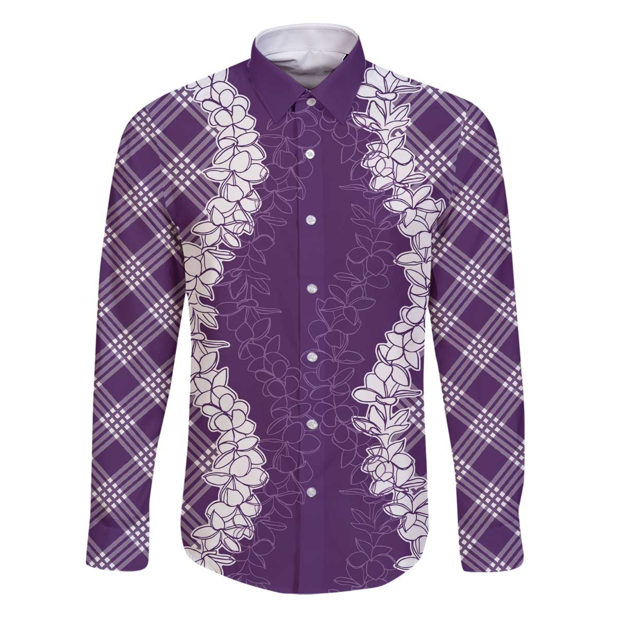 Hawaii Aloha Plumeria Lei Violet Palaka Family Matching Off The Shoulder Long Sleeve Dress and Hawaiian Shirt - Polynesian Pride