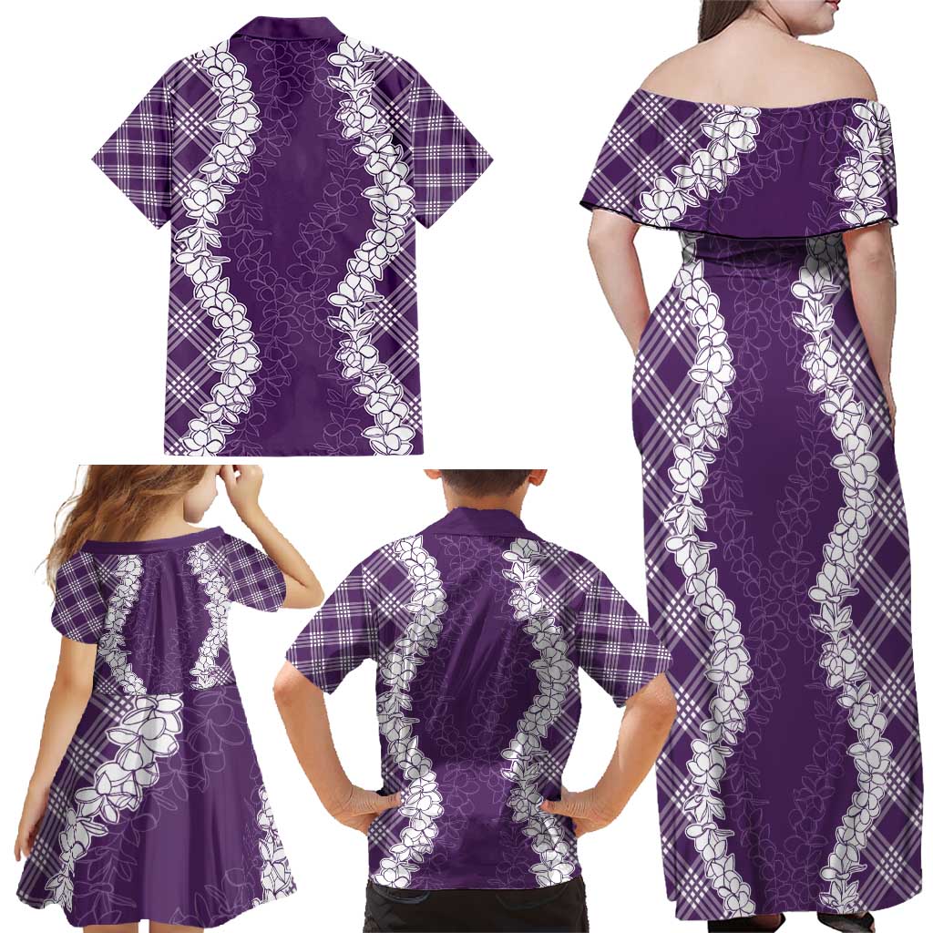 Hawaii Aloha Plumeria Lei Violet Palaka Family Matching Off Shoulder Maxi Dress and Hawaiian Shirt - Polynesian Pride