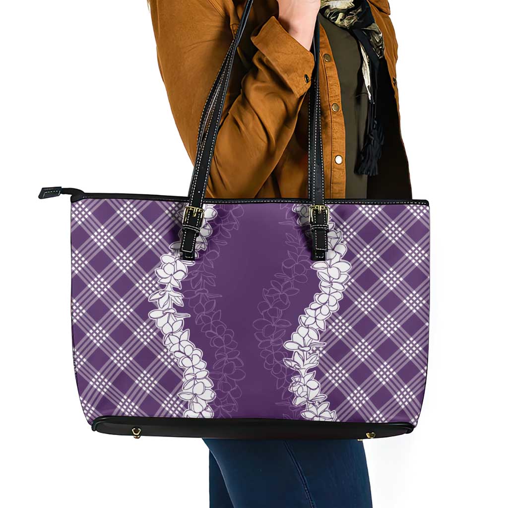 Hawaii Aloha Plumeria Lei Violet Palaka Leather Tote Bag - Polynesian Pride