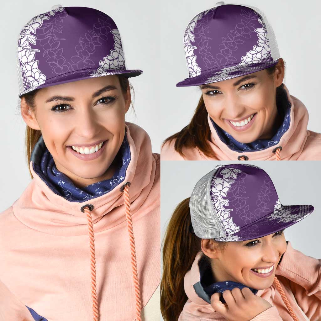 Hawaii Aloha Plumeria Lei Violet Palaka Mesh Trucker Cap - Polynesian Pride