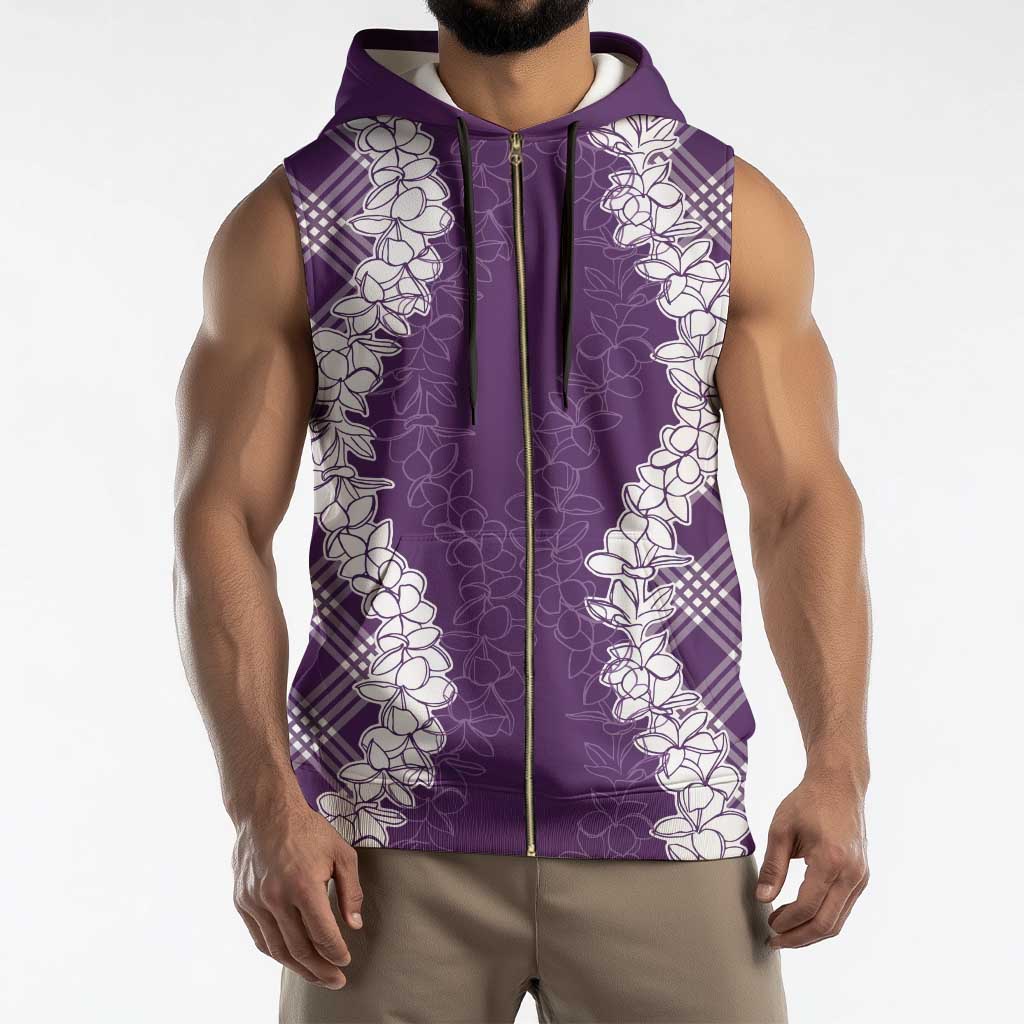 Hawaii Aloha Plumeria Lei Violet Palaka Sleeveless Zip Hoodie - Polynesian Pride