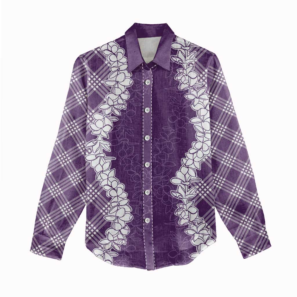 Hawaii Aloha Plumeria Lei Violet Palaka Women Casual Shirt - Polynesian Pride