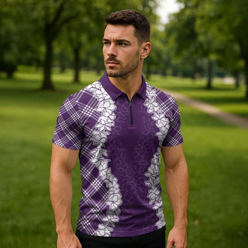 Hawaii Aloha Plumeria Lei Violet Palaka Zipper Polo Shirt - Polynesian Pride