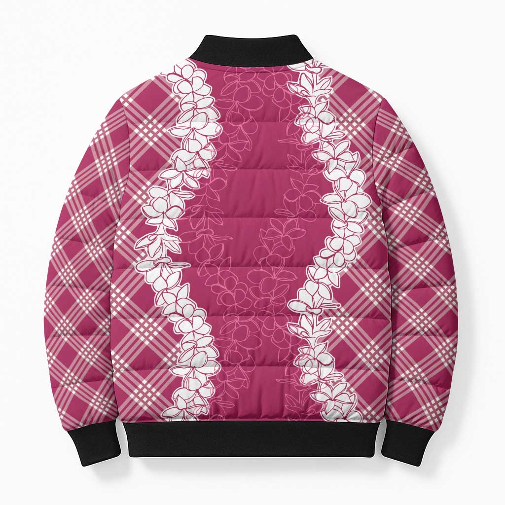 Hawaii Aloha Plumeria Lei Fuschia Palaka Bomber Puffer Jacket - Polynesian Pride