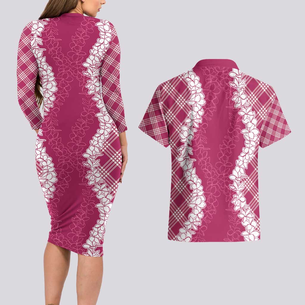 Hawaii Aloha Plumeria Lei Fuschia Palaka Couples Matching Long Sleeve Bodycon Dress and Hawaiian Shirt - Polynesian Pride