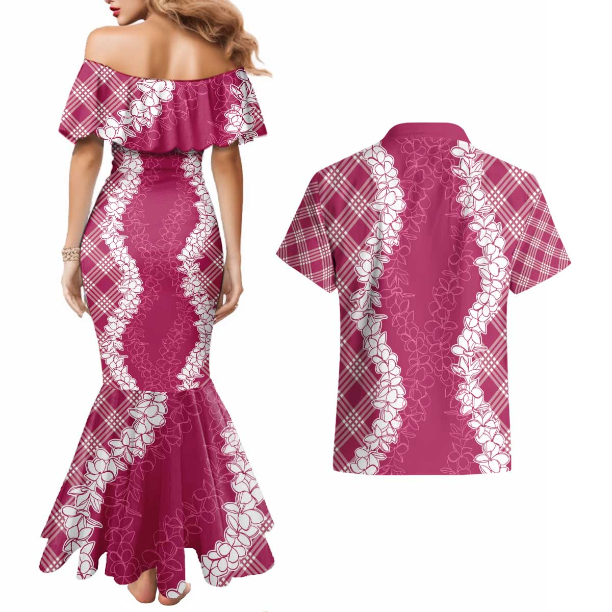 Hawaii Aloha Plumeria Lei Fuschia Palaka Couples Matching Mermaid Dress and Hawaiian Shirt - Polynesian Pride