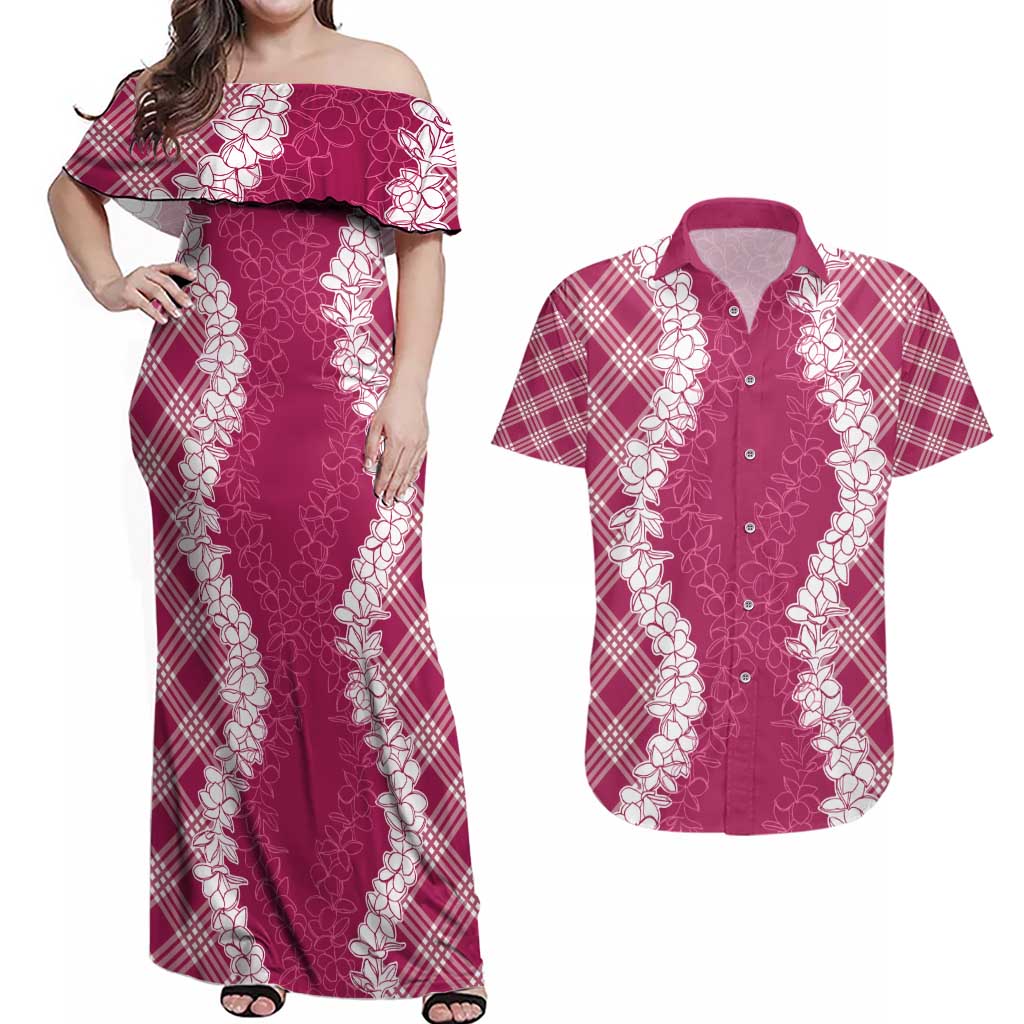 Hawaii Aloha Plumeria Lei Fuschia Palaka Couples Matching Off Shoulder Maxi Dress and Hawaiian Shirt - Polynesian Pride