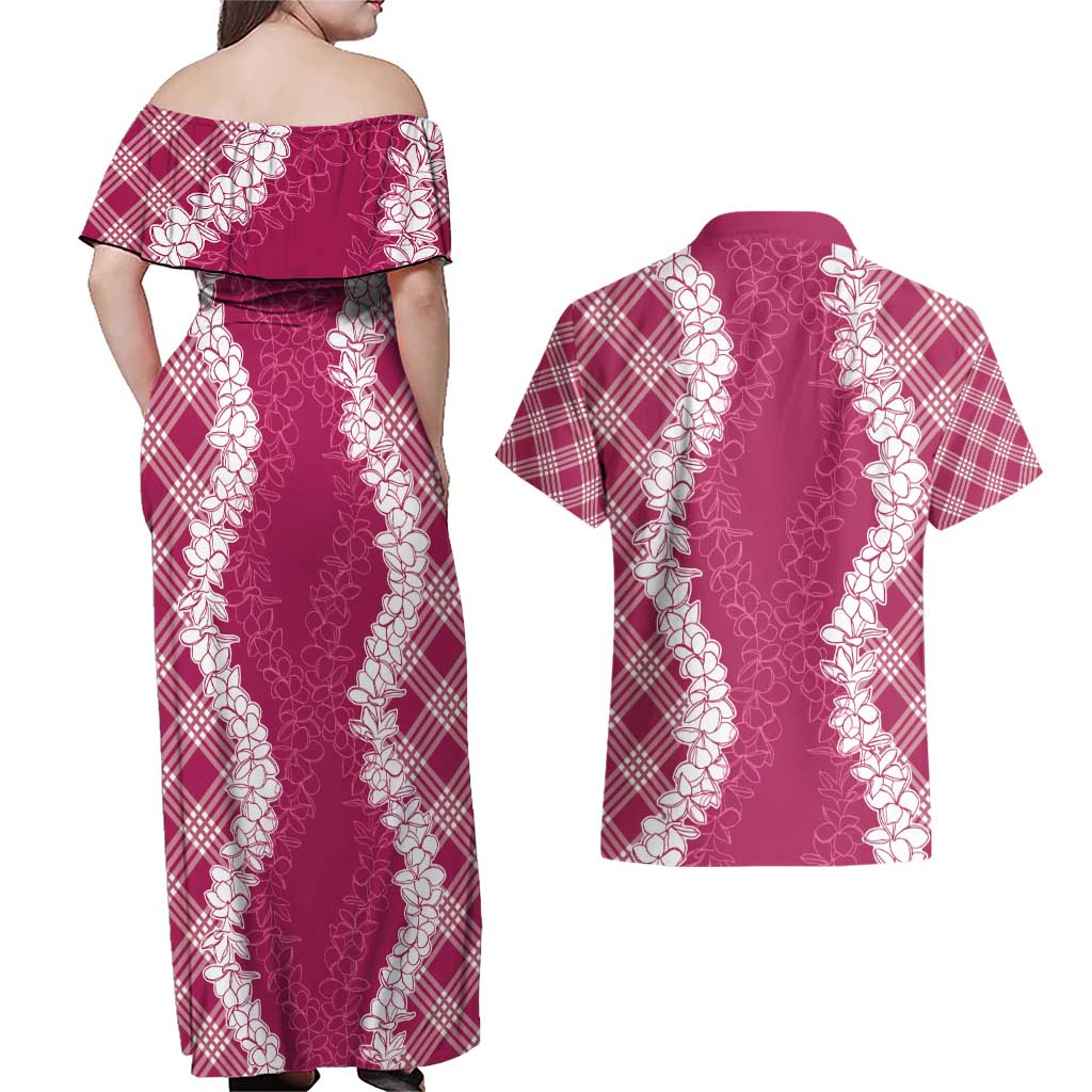 Hawaii Aloha Plumeria Lei Fuschia Palaka Couples Matching Off Shoulder Maxi Dress and Hawaiian Shirt - Polynesian Pride