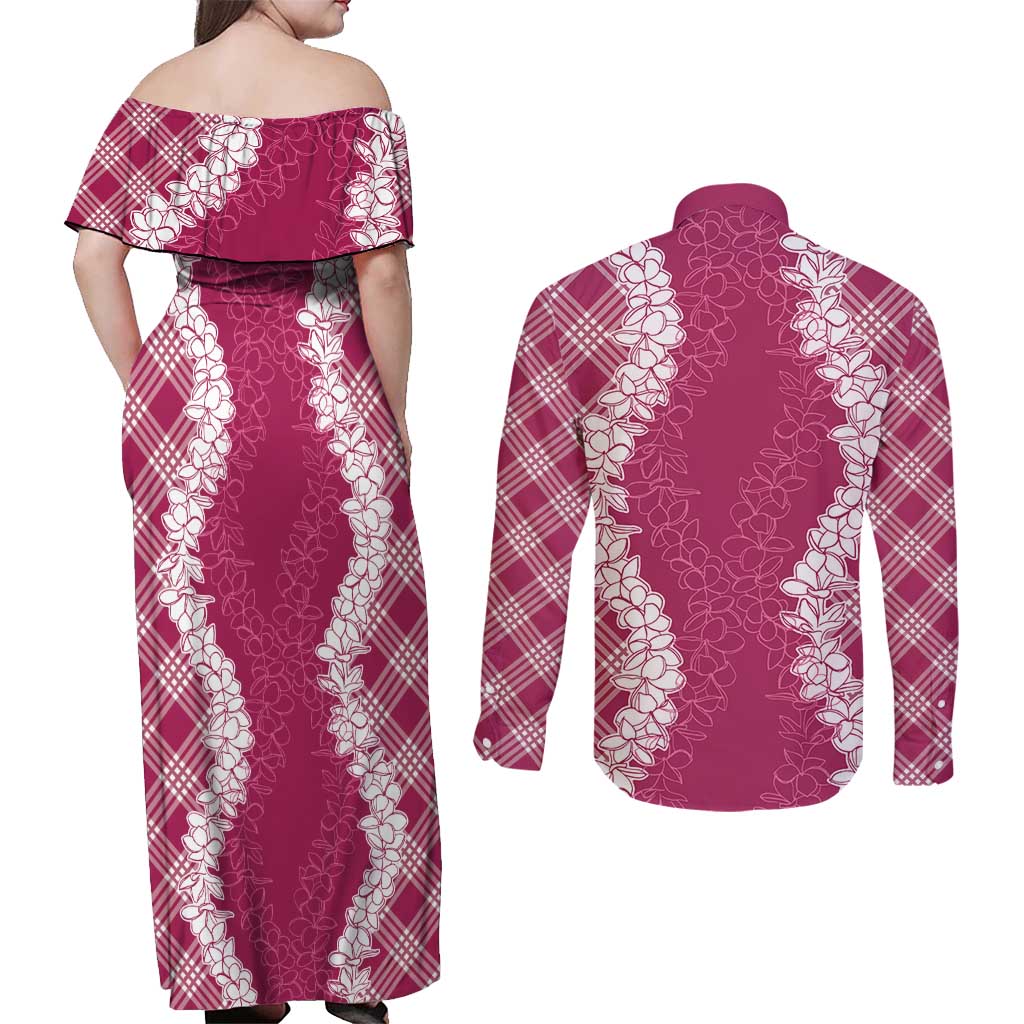 Hawaii Aloha Plumeria Lei Fuschia Palaka Couples Matching Off Shoulder Maxi Dress and Long Sleeve Button Shirt - Polynesian Pride