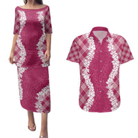 Hawaii Aloha Plumeria Lei Fuschia Palaka Couples Matching Puletasi and Hawaiian Shirt - Polynesian Pride