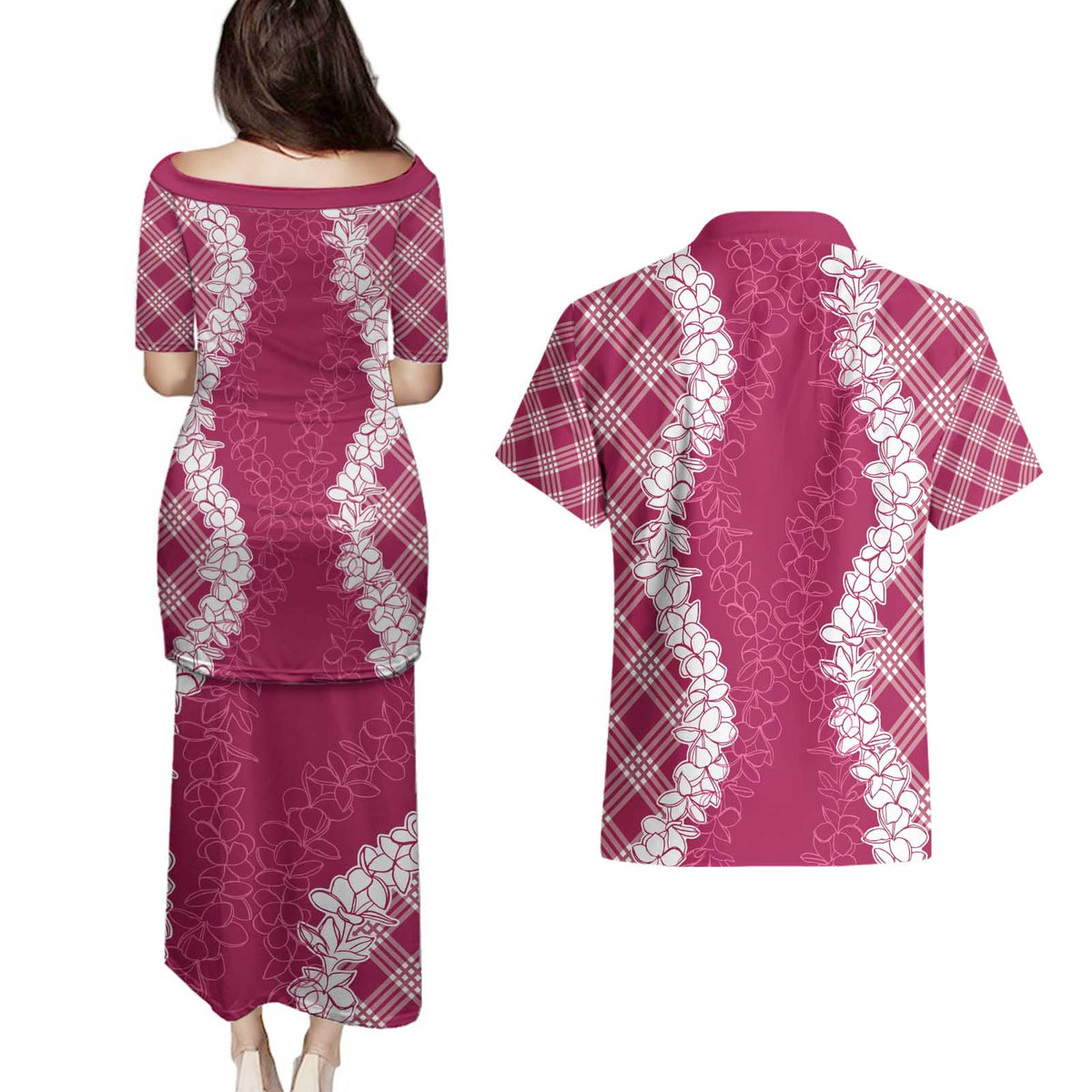 Hawaii Aloha Plumeria Lei Fuschia Palaka Couples Matching Puletasi and Hawaiian Shirt - Polynesian Pride