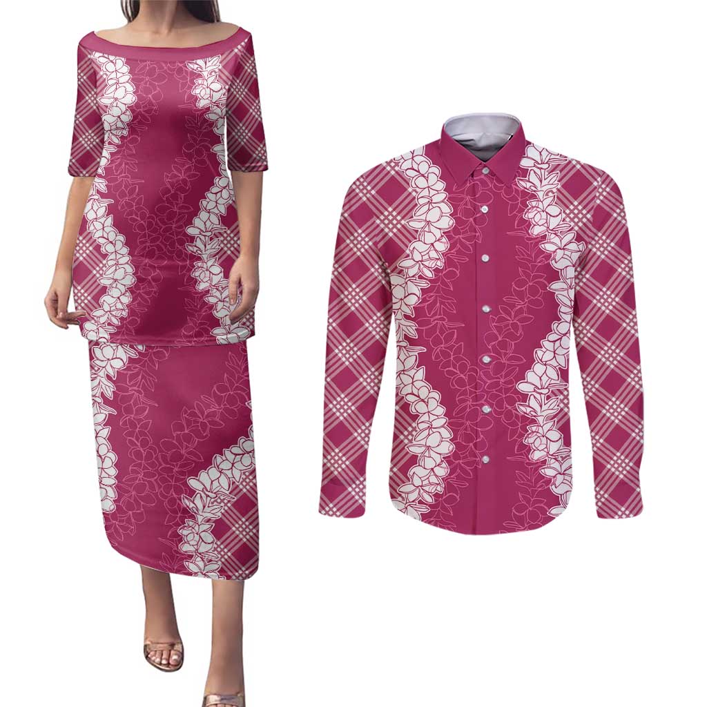 Hawaii Aloha Plumeria Lei Fuschia Palaka Couples Matching Puletasi and Long Sleeve Button Shirt - Polynesian Pride