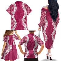 Hawaii Aloha Plumeria Lei Fuschia Palaka Family Matching Off The Shoulder Long Sleeve Dress and Hawaiian Shirt - Polynesian Pride