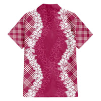 Hawaii Aloha Plumeria Lei Fuschia Palaka Family Matching Off The Shoulder Long Sleeve Dress and Hawaiian Shirt - Polynesian Pride