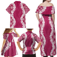 Hawaii Aloha Plumeria Lei Fuschia Palaka Family Matching Off Shoulder Maxi Dress and Hawaiian Shirt - Polynesian Pride