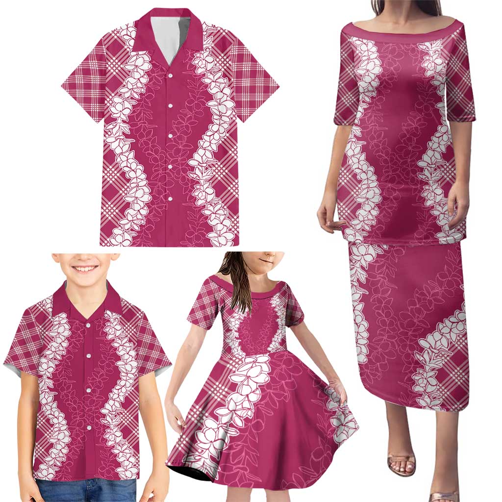 Hawaii Aloha Plumeria Lei Fuschia Palaka Family Matching Puletasi and Hawaiian Shirt - Polynesian Pride
