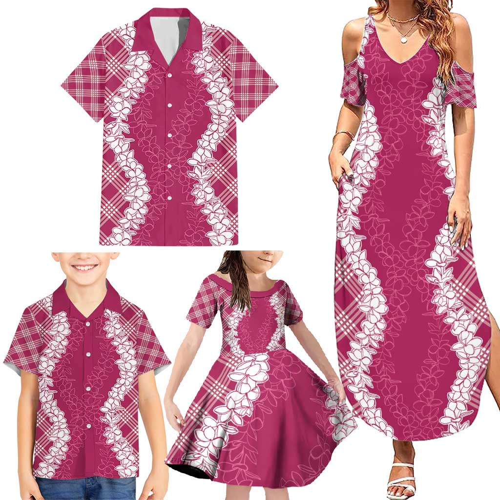 Hawaii Aloha Plumeria Lei Fuschia Palaka Family Matching Summer Maxi Dress and Hawaiian Shirt - Polynesian Pride
