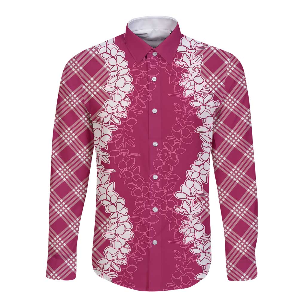 Hawaii Aloha Plumeria Lei Fuschia Palaka Long Sleeve Button Shirt - Polynesian Pride