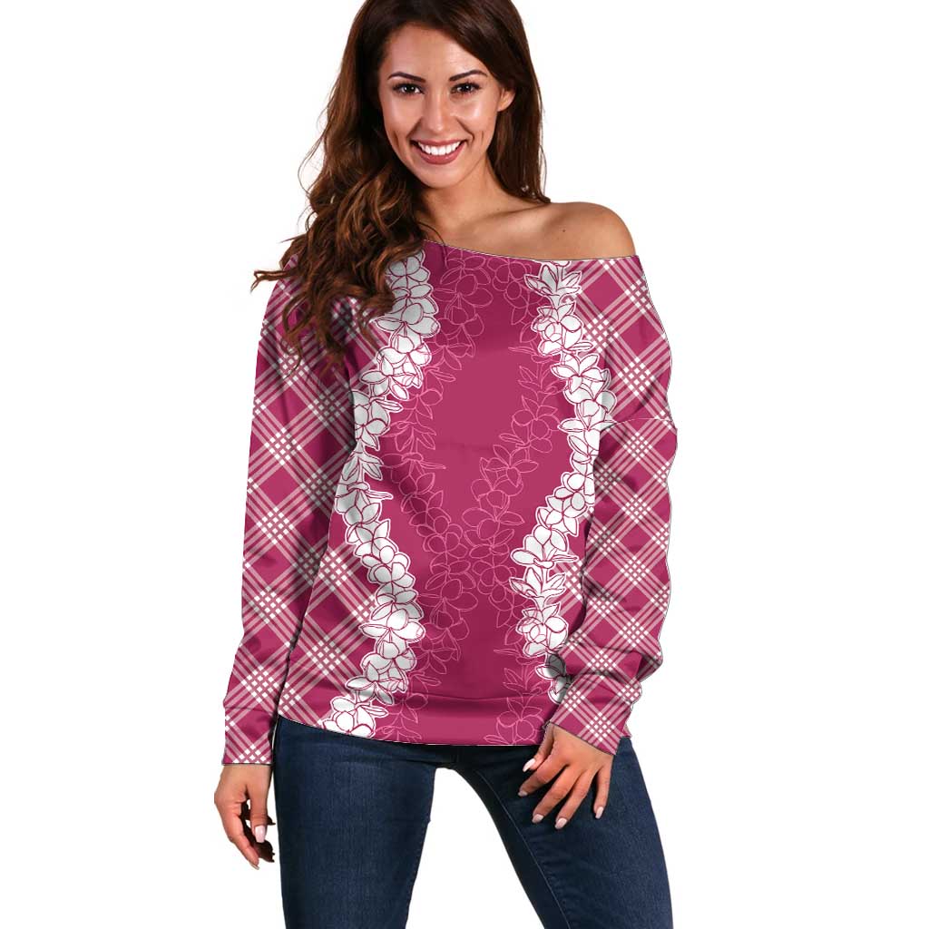 Hawaii Aloha Plumeria Lei Fuschia Palaka Off Shoulder Sweater - Polynesian Pride
