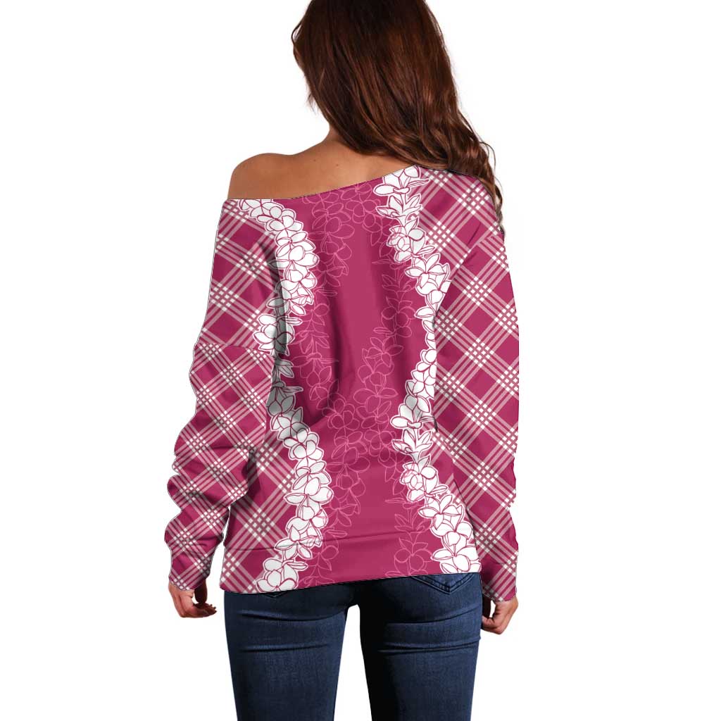 Hawaii Aloha Plumeria Lei Fuschia Palaka Off Shoulder Sweater - Polynesian Pride