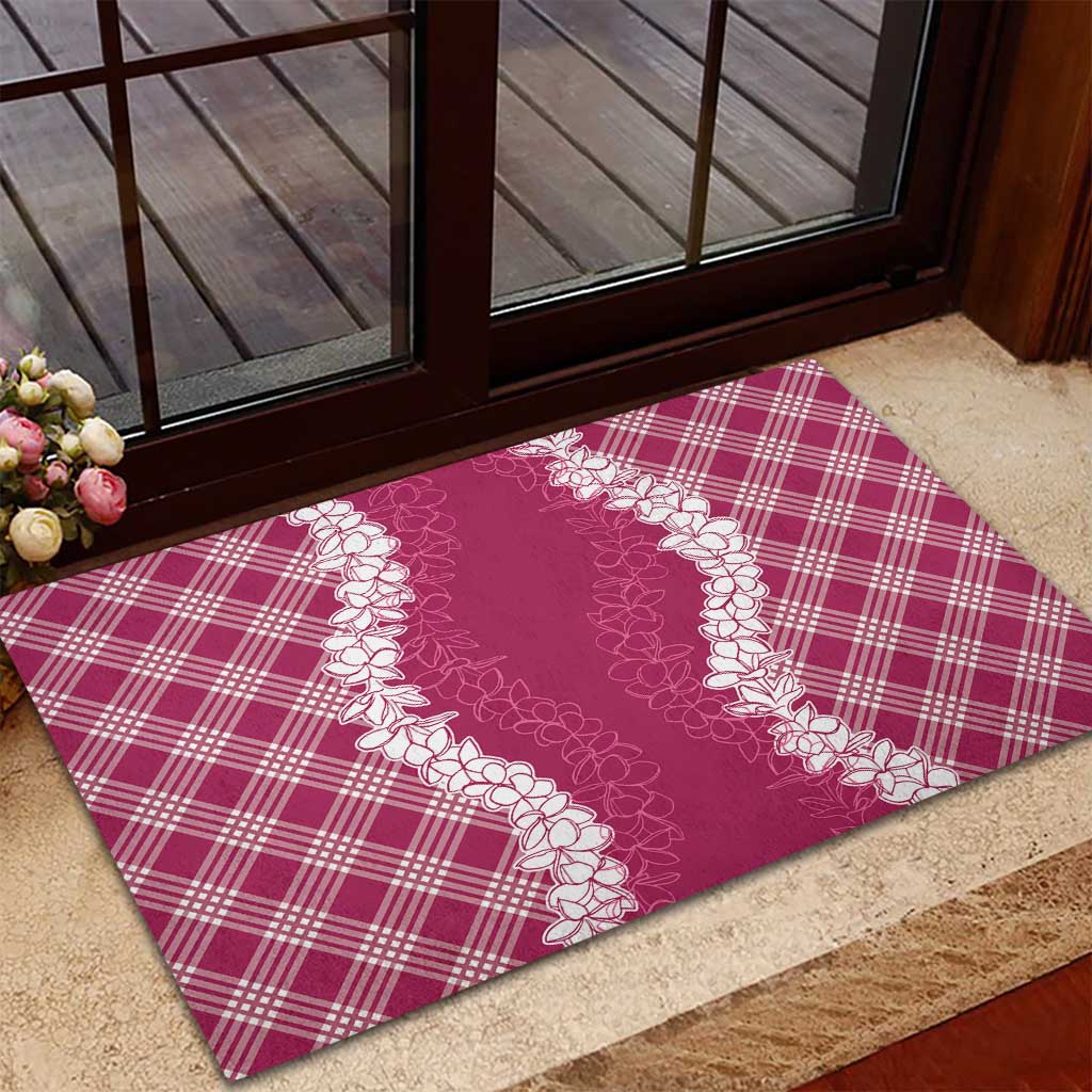 Hawaii Aloha Plumeria Lei Fuschia Palaka Rubber Doormat - Polynesian Pride
