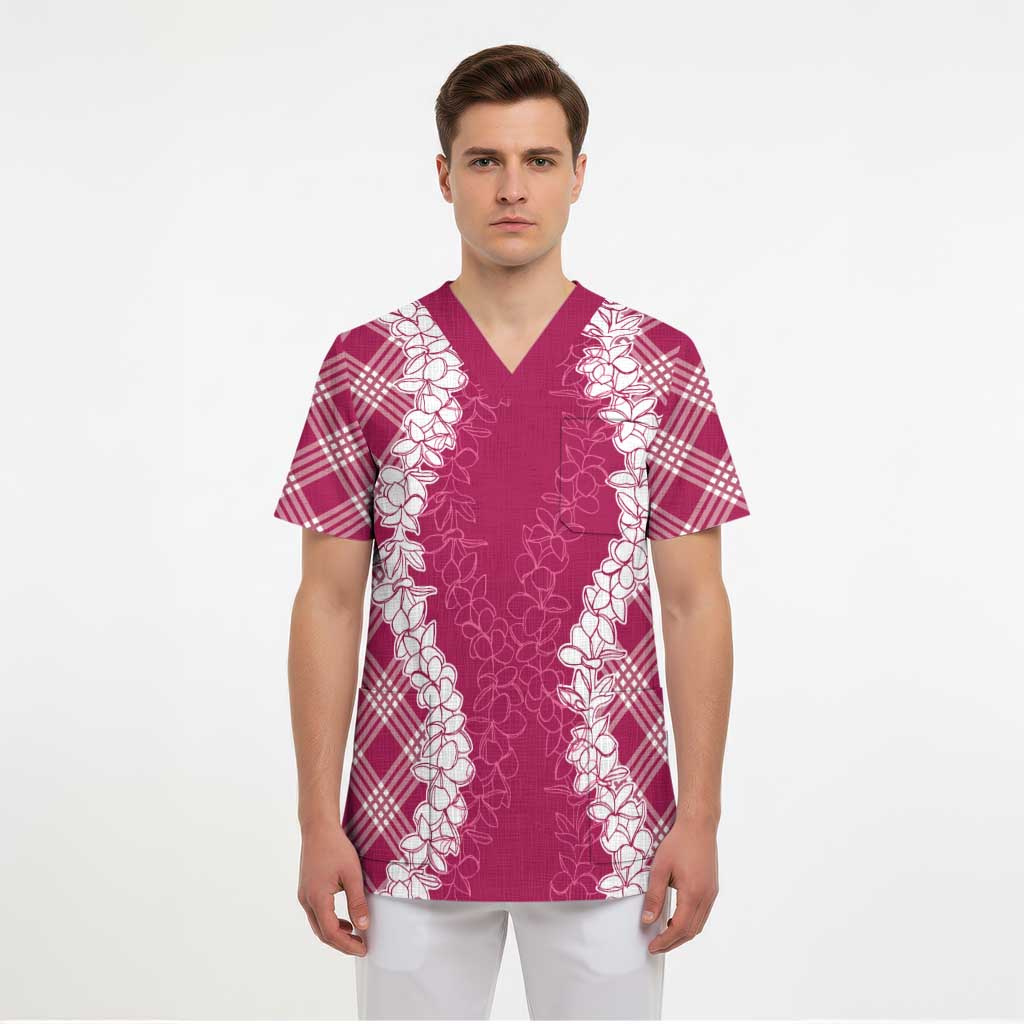 Hawaii Aloha Plumeria Lei Fuschia Palaka Scrub Top - Polynesian Pride