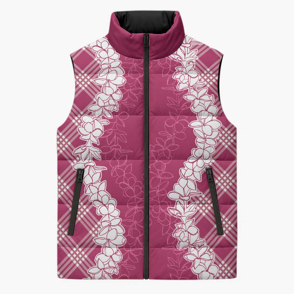 Hawaii Aloha Plumeria Lei Fuschia Palaka Sleeveless Puffer Jacket - Polynesian Pride