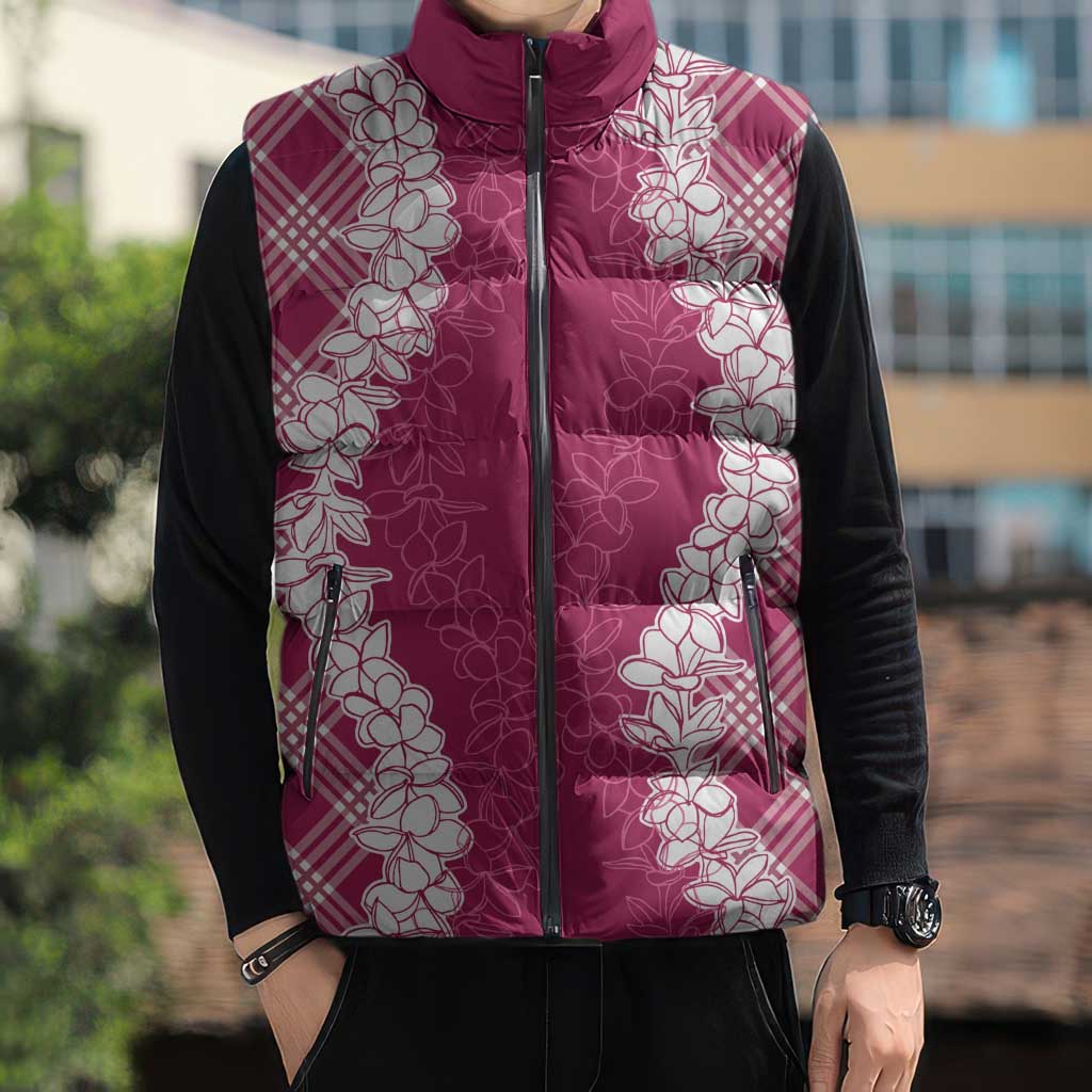 Hawaii Aloha Plumeria Lei Fuschia Palaka Sleeveless Puffer Jacket - Polynesian Pride