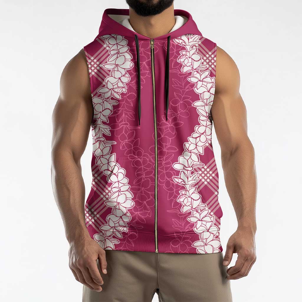 Hawaii Aloha Plumeria Lei Fuschia Palaka Sleeveless Zip Hoodie - Polynesian Pride