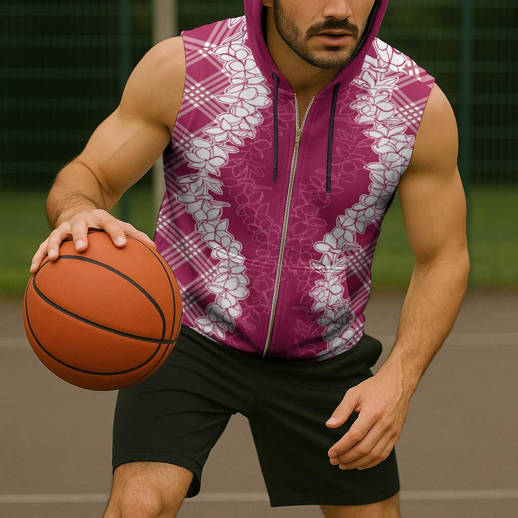 Hawaii Aloha Plumeria Lei Fuschia Palaka Sleeveless Zip Hoodie - Polynesian Pride