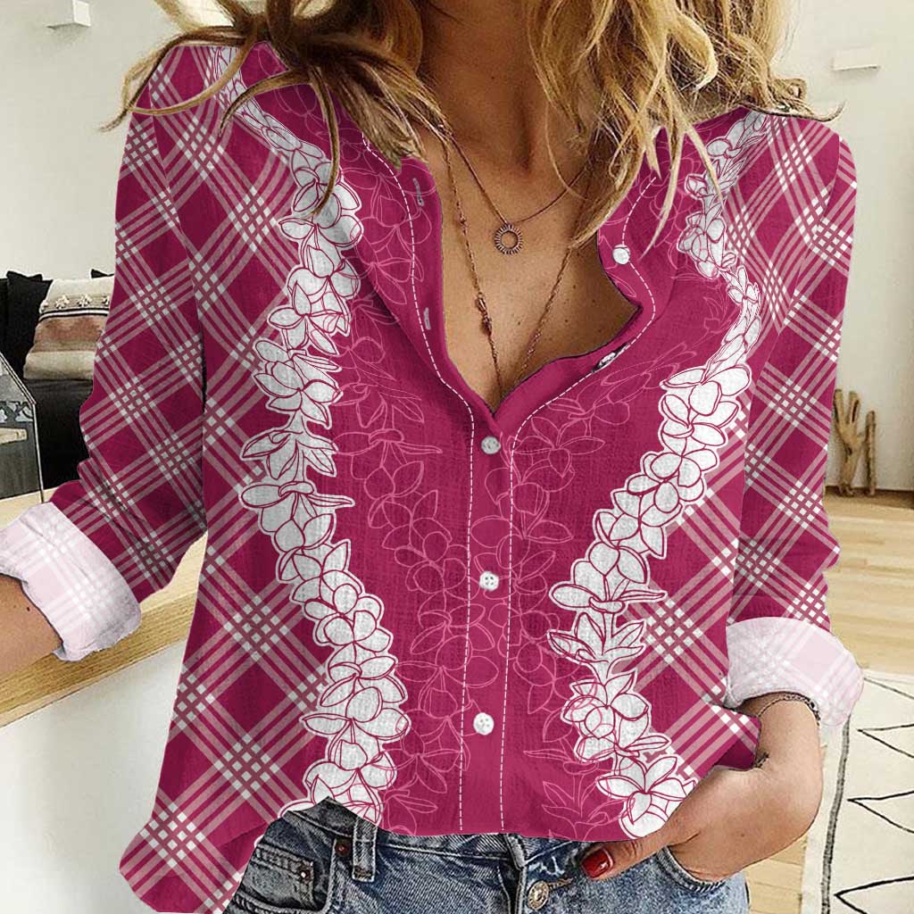 Hawaii Aloha Plumeria Lei Fuschia Palaka Women Casual Shirt - Polynesian Pride