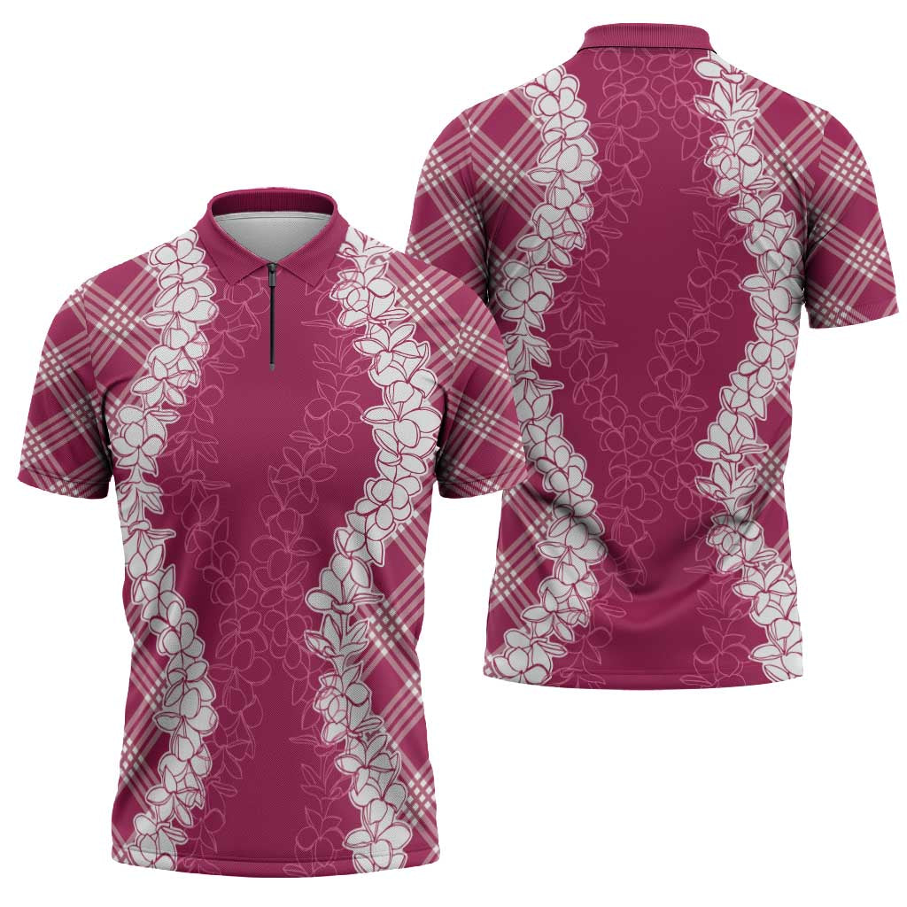Hawaii Aloha Plumeria Lei Fuschia Palaka Zipper Polo Shirt - Polynesian Pride