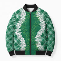 Hawaii Aloha Plumeria Lei Green Palaka Bomber Puffer Jacket - Polynesian Pride