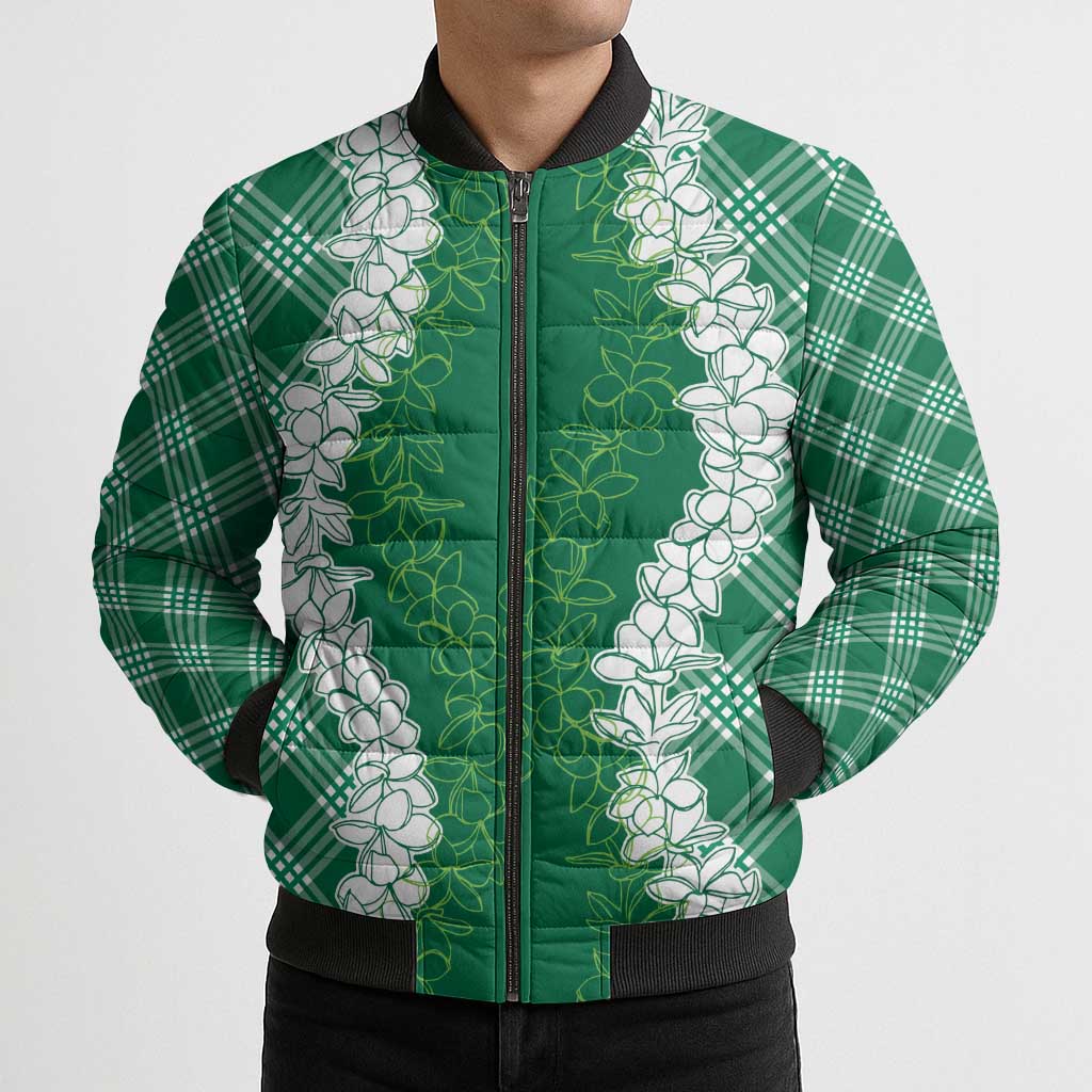 Hawaii Aloha Plumeria Lei Green Palaka Bomber Puffer Jacket - Polynesian Pride