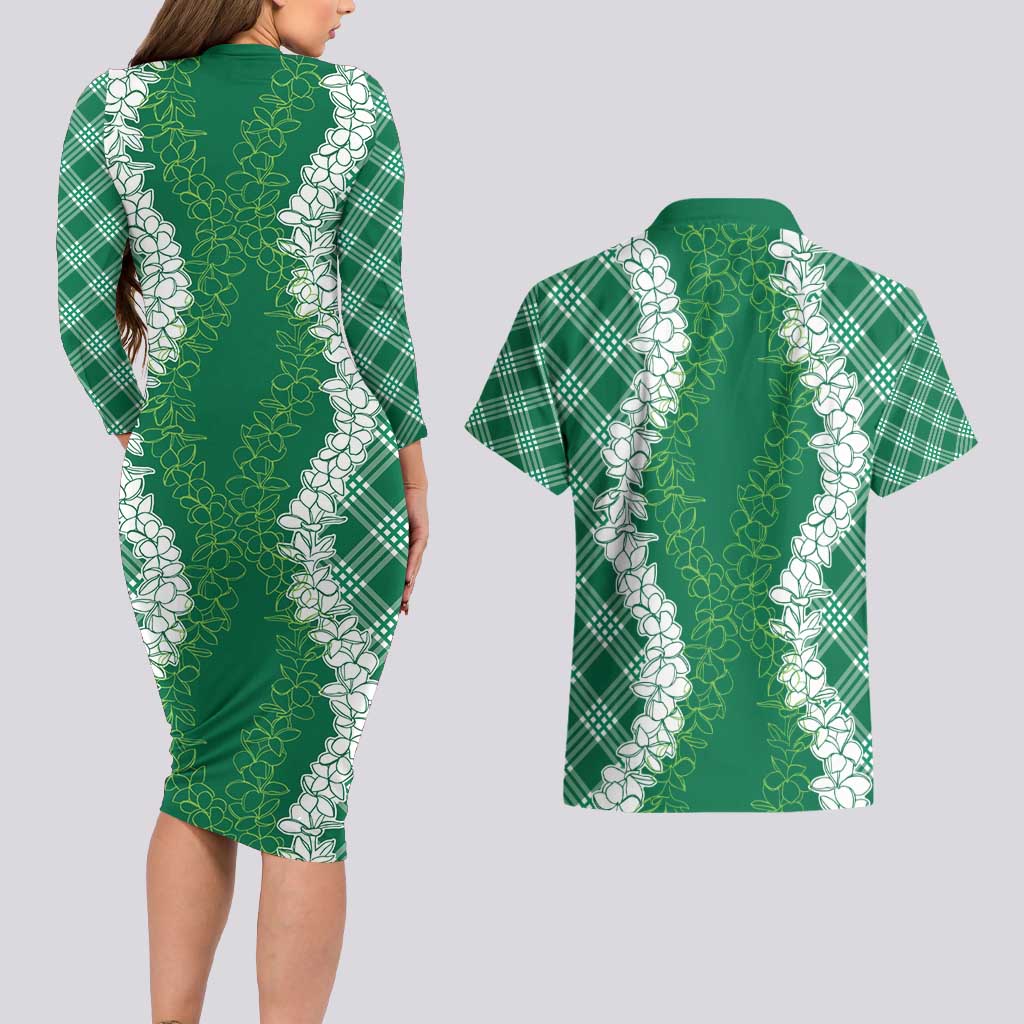 Hawaii Aloha Plumeria Lei Green Palaka Couples Matching Long Sleeve Bodycon Dress and Hawaiian Shirt - Polynesian Pride