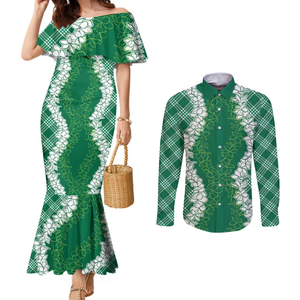 Hawaii Aloha Plumeria Lei Green Palaka Couples Matching Mermaid Dress and Long Sleeve Button Shirt - Polynesian Pride