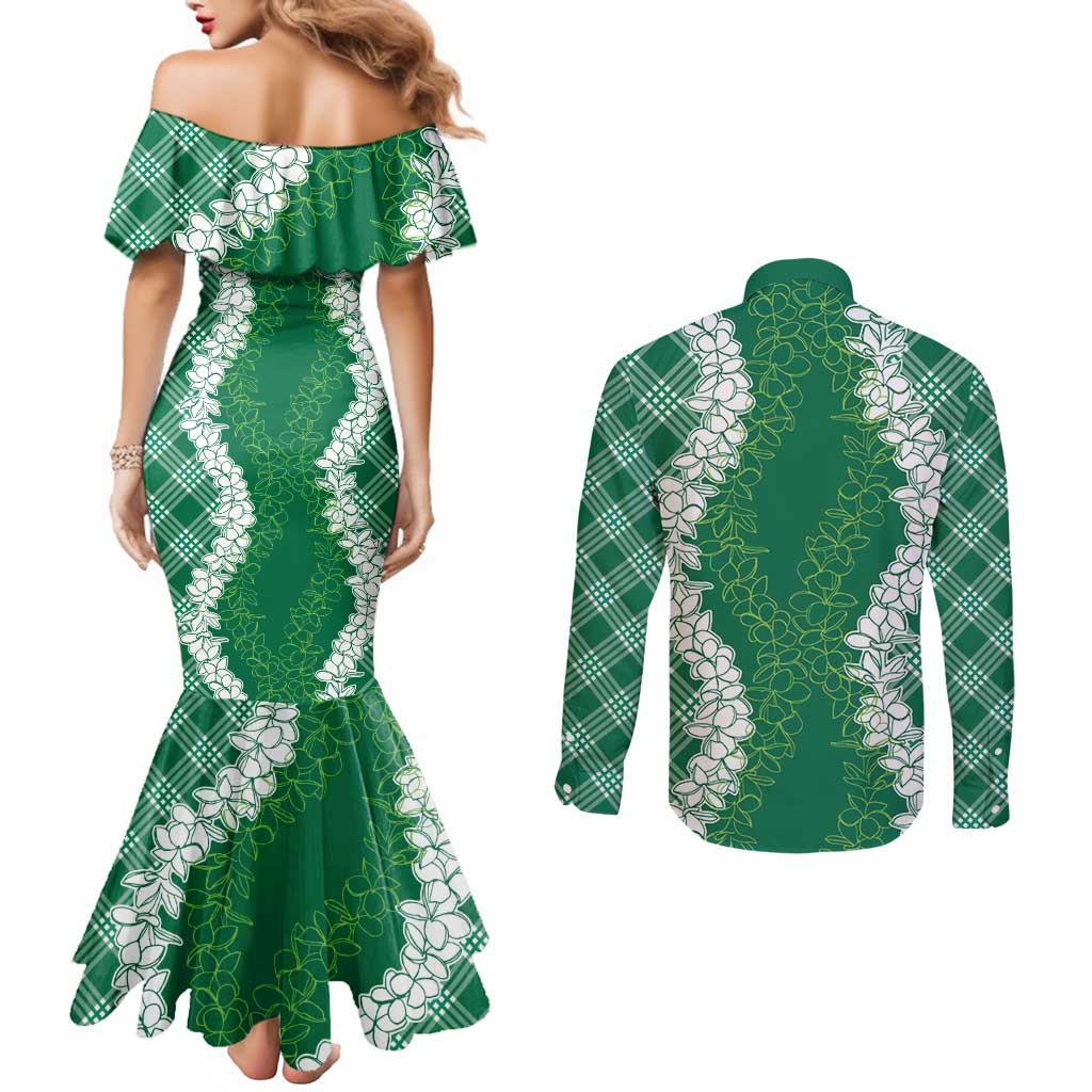 Hawaii Aloha Plumeria Lei Green Palaka Couples Matching Mermaid Dress and Long Sleeve Button Shirt - Polynesian Pride