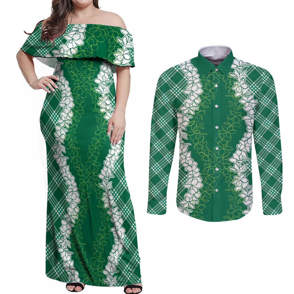 Hawaii Aloha Plumeria Lei Green Palaka Couples Matching Off Shoulder Maxi Dress and Long Sleeve Button Shirt - Polynesian Pride