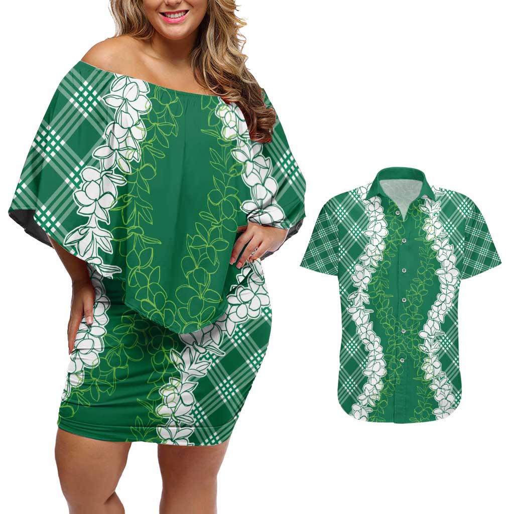 Hawaii Aloha Plumeria Lei Green Palaka Couples Matching Off Shoulder Short Dress and Hawaiian Shirt - Polynesian Pride