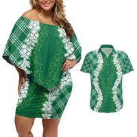 Hawaii Aloha Plumeria Lei Green Palaka Couples Matching Off Shoulder Short Dress and Hawaiian Shirt - Polynesian Pride