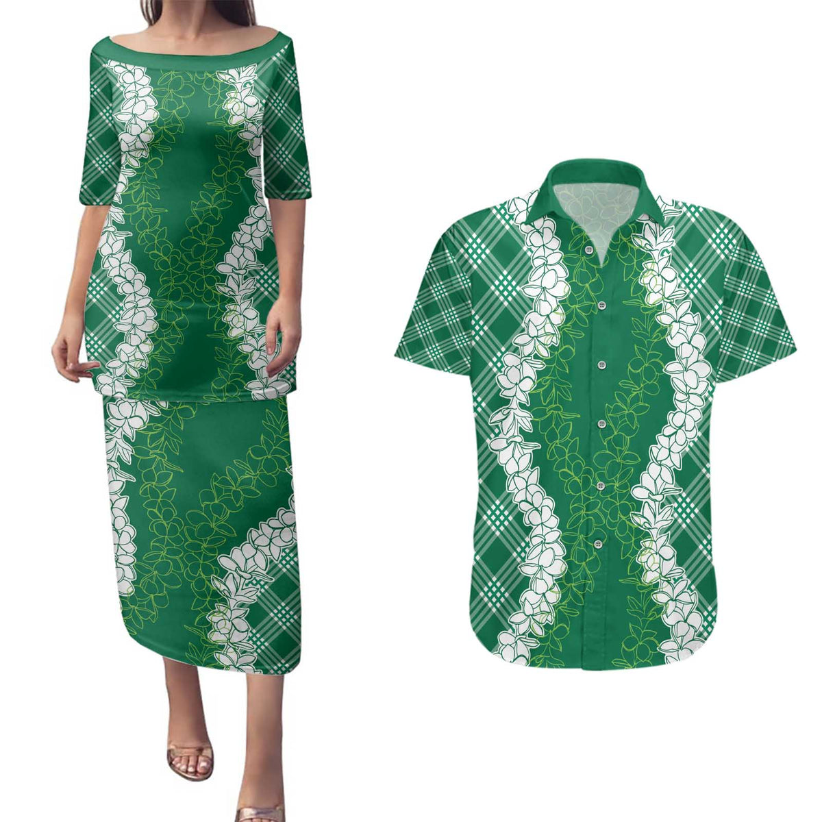 Hawaii Aloha Plumeria Lei Green Palaka Couples Matching Puletasi and Hawaiian Shirt - Polynesian Pride